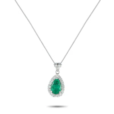 Lb Exclusive Platinum 0.90ct Diamond And Emerald Pear Pendant Necklace Mf24-082025 In Green