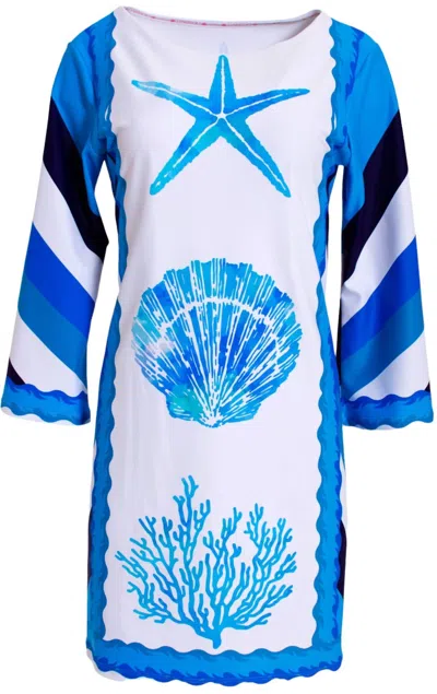 Michelle Parisou Sea Life With Border Stripe Blue Resort Dress In Multi In Blue