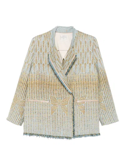 Forte Forte Textured Jacquard Blazer With Notched Lapel And Frayed Edges In Blue
