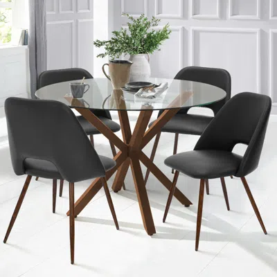 Maison Boucle 5-piece Round Glass Dining Table Set With Faux Leather Chairs For 4- In Multi