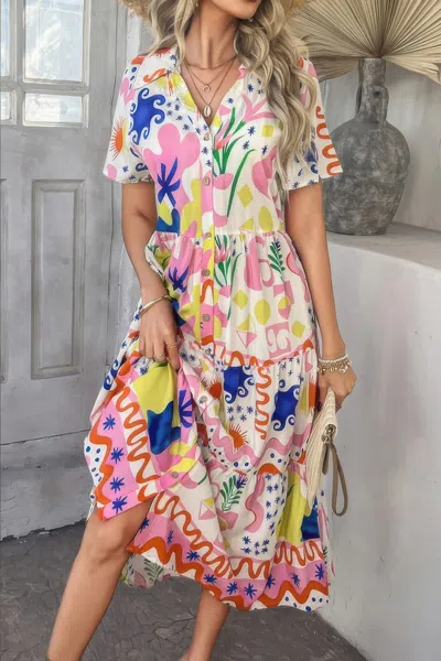 Truedames Allover Printed Button Down Ruched Long Dress In Multi