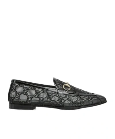 Gucci Almond Toe Mesh Loafers Embellished With Crystals In Black