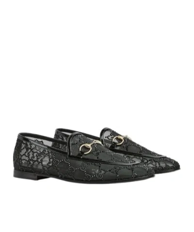 Gucci Almond Toe Mesh Loafers Embellished With Crystals In Black