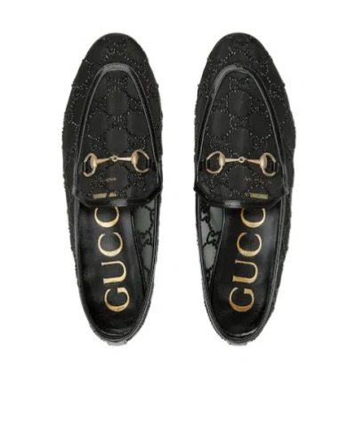 Gucci Almond Toe Mesh Loafers Embellished With Crystals In Black