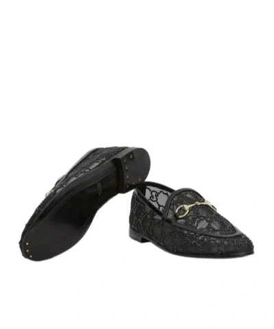 Gucci Almond Toe Mesh Loafers Embellished With Crystals In Black