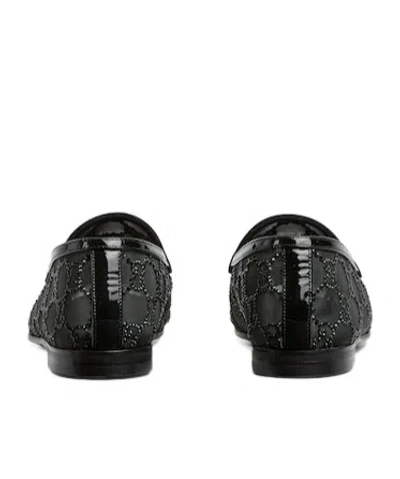 Gucci Almond Toe Mesh Loafers Embellished With Crystals In Black