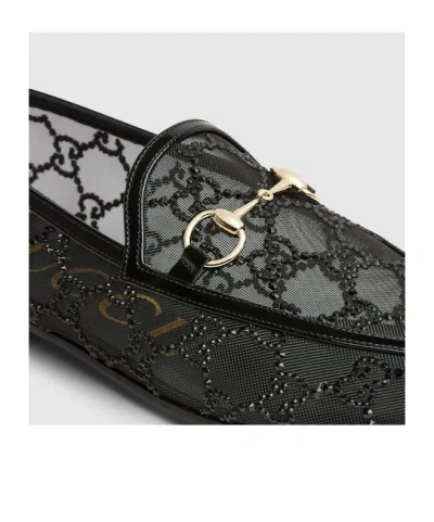 Gucci Almond Toe Mesh Loafers Embellished With Crystals In Black