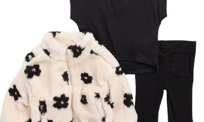 Jessica Simpson Floral Faux Shearling Jacket, Top & Leggings Set In Multi