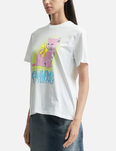 Ganni Neon Kitty Bright White T-shirt In White