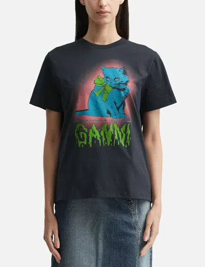 Ganni Neon Kitty Organic Cotton T-shirt In Black