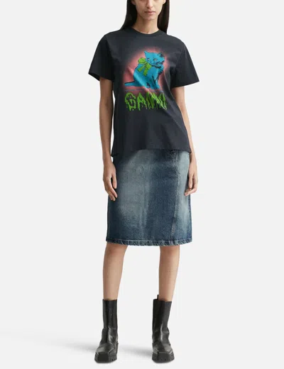 Ganni Neon Kitty Organic Cotton T-shirt In Black