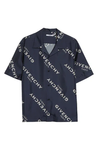 Givenchy Convertible-collar Logo-print Silk-twill Shirt In Blue