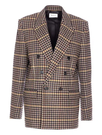 Saint Laurent Brown Double-breasted Jacket With Notched Revers And All-over Check Motif In Wool Woman
