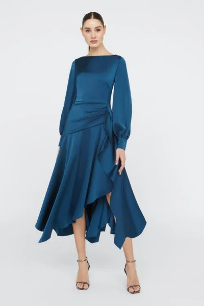 Theia Florence Asymmetric Handkerchief Midi Dress In Blue