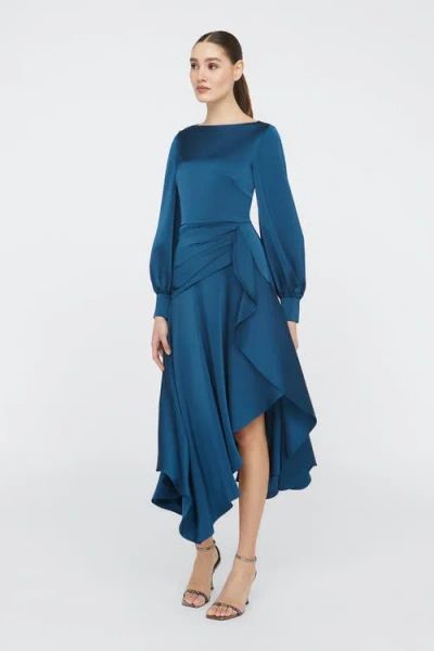 Theia Florence Asymmetric Handkerchief Midi Dress In Blue