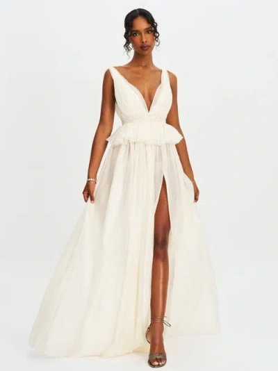 Miss Circle Calleigh Flare Beaded Belt Maxi Gown In White