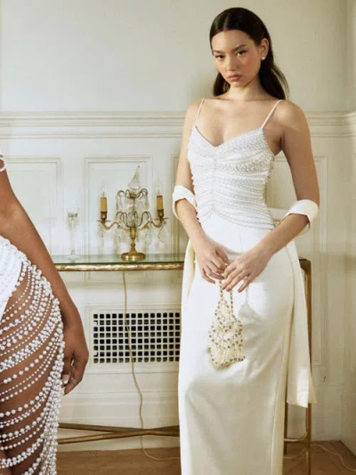 Miss Circle Karmen Faux Pearl Top Pencil Slip Gown With Scarf In White