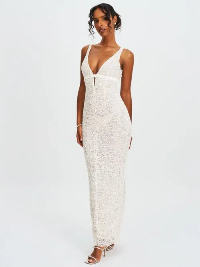 Miss Circle Adelaide Beaded Sequin Net Bodycon Gown In White