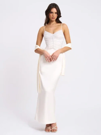 Miss Circle Karmen Faux Pearl Top Pencil Slip Gown With Scarf In White