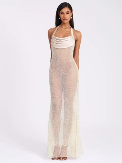 Miss Circle Women Zahya Lime Halter Backless Beaded Mesh Gown In White