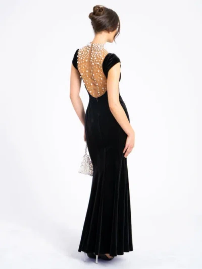 Miss Circle Rachael Velvet Faux Pearl Embellished Gown In Black