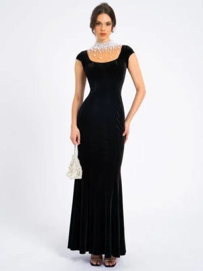 Miss Circle Rachael Velvet Faux Pearl Embellished Gown In Black
