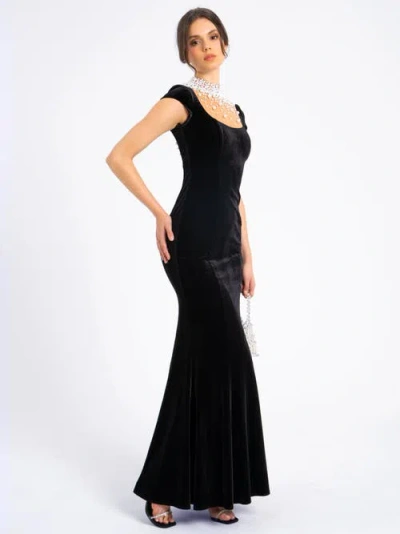 Miss Circle Rachael Velvet Faux Pearl Embellished Gown In Black