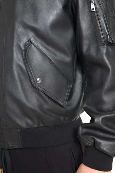 Dolce & Gabbana Black Leather Blouson Full Zip Bomber Jacket In Black