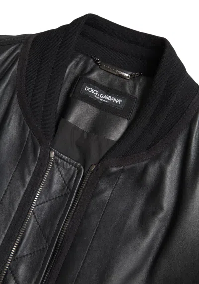 Dolce & Gabbana Black Leather Blouson Full Zip Bomber Jacket In Black