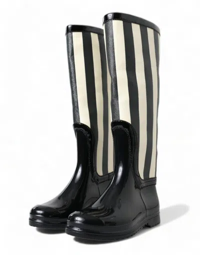Dolce & Gabbana Black Rubber Knee High Flat Boots Shoes In Multi