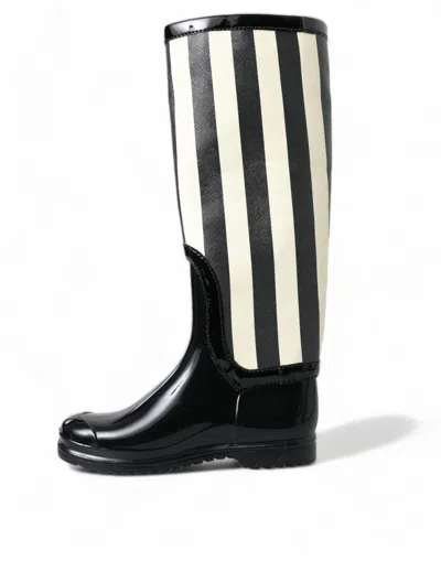 Dolce & Gabbana Black Rubber Knee High Flat Boots Shoes In Multi