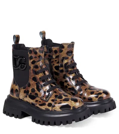 Dolce & Gabbana Leopard-print Lace-up Boots In Brown
