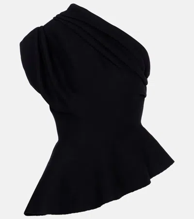 Khaite Aimee Asymmetric One-shoulder Wool-blend Peplum Top In Black