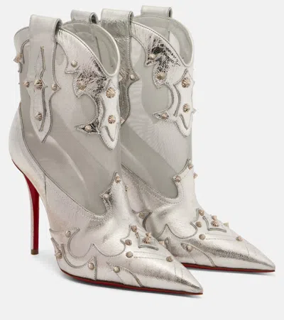 Christian Louboutin Santia Spike Metallic Leather Red Sole Western Booties In Silver