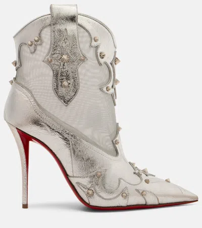Christian Louboutin Santia Spike Metallic Leather Red Sole Western Booties In Silver