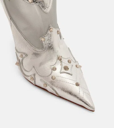 Christian Louboutin Santia Spike Metallic Leather Red Sole Western Booties In Silver