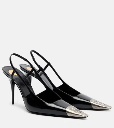Saint Laurent Jeanne Slingback Pumps In Glazed Leather With Metal Toe Shoes In Black