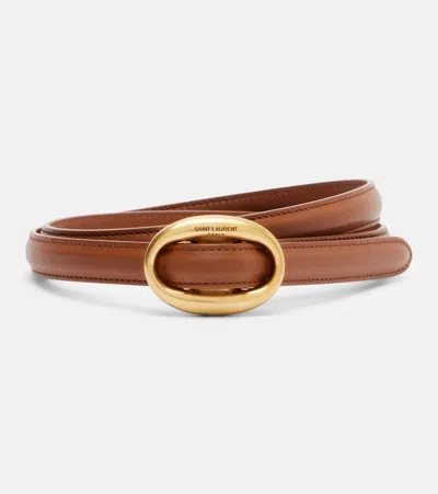Saint Laurent Oval Buckle Thin Belt In Brown