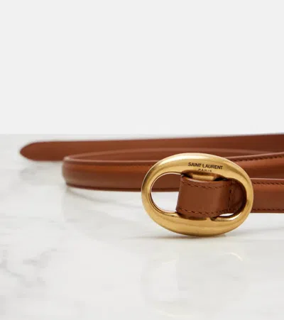 Saint Laurent Oval Buckle Thin Belt In Brown
