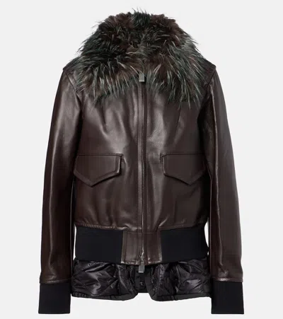 Sacai Convertible Plush-trimmed Padded Leather Jacket In Brown
