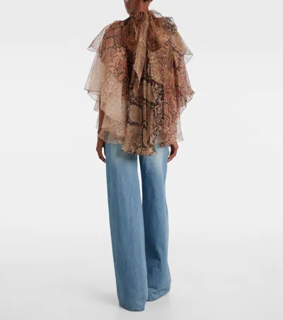 Zimmermann Memento Python-print Ruffled Silk-organza Blouse In Brown