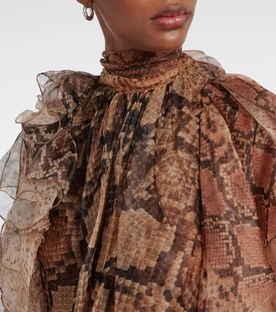 Zimmermann Memento Python-print Ruffled Silk-organza Blouse In Brown