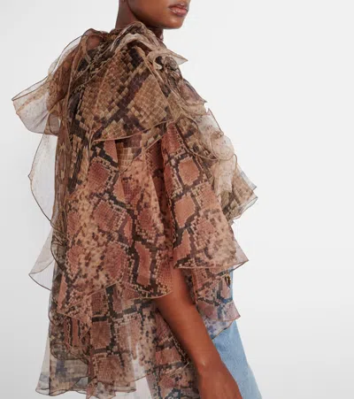 Zimmermann Memento Python-print Ruffled Silk-organza Blouse In Brown