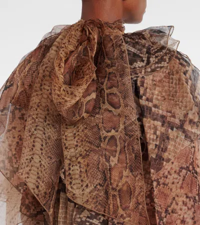 Zimmermann Memento Python-print Ruffled Silk-organza Blouse In Brown