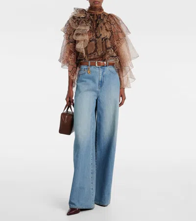 Zimmermann Memento Python-print Ruffled Silk-organza Blouse In Brown