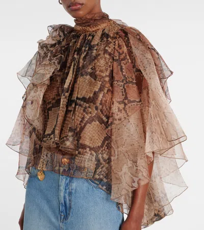 Zimmermann Memento Python-print Ruffled Silk-organza Blouse In Brown