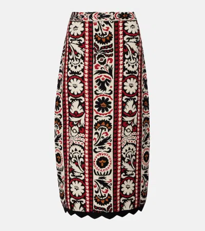 Farm Rio Embroidered Midi Skirt With Scalloped Hem In Multi