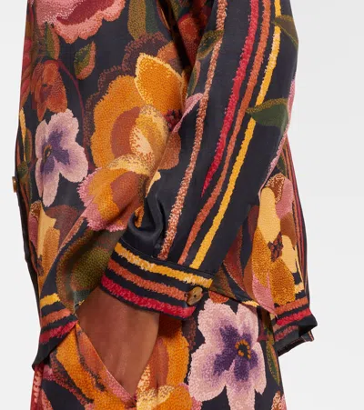 Farm Rio Chenille Flowers Long-sleeve Buttondown Blouse In Brown
