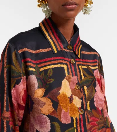 Farm Rio Chenille Flowers Long-sleeve Buttondown Blouse In Brown