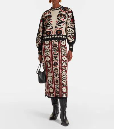 Farm Rio Embroidered Midi Skirt With Scalloped Hem In Multi